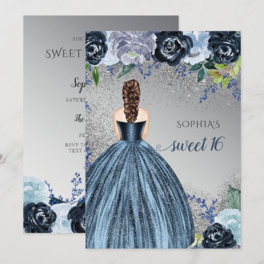 シルブルーのスパークルドレス Sweet 16 誕生日 招待状 (正面/裏面)