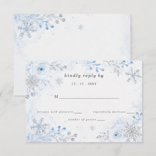 シルブルーの雪の花の冬の結婚式 出欠カード (正面/裏面)
