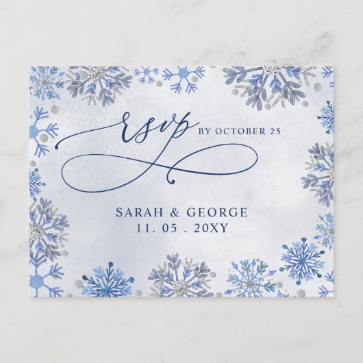 シルブルー スノーフレークス 冬の結婚式 RSVP ポストカード (正面)
