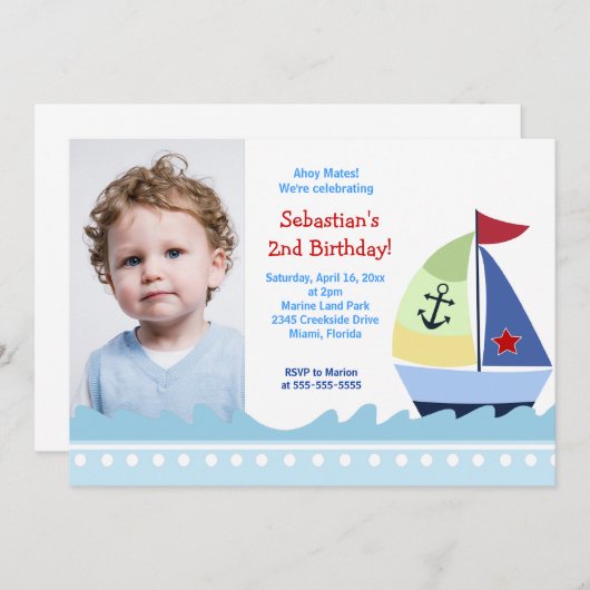 シルボートボーイズ写真誕生日招待状テンプレート 招待状 (正面/裏面)