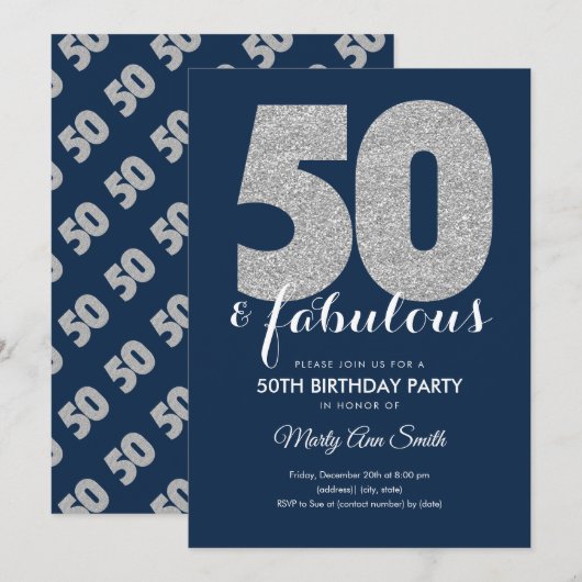 シルモダンバーネービーグリッター50&ファビュラー誕生日 招待状 (正面/裏面)