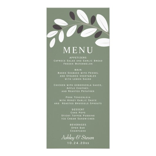 シルライズドオリーブの枝地中海の緑のメニューカード ラックカード (正面)