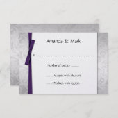 シル動揺してバーダマスクパープルリボンボウRSVP 出欠カード (正面/裏面)