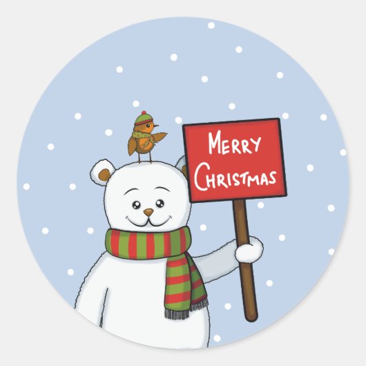 シロクマとコマドリのクリスマス グリーティング ラウンドシール (正面)