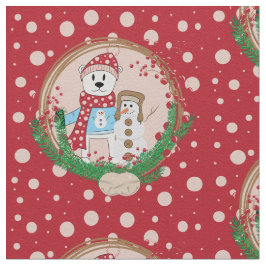 シロクマと雪だるまのクリスマス模様の織物 ファブリック