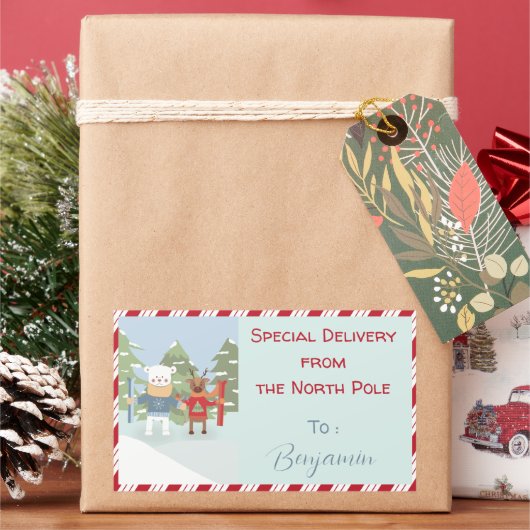 シロクマのトナカイ特別配送シール 長方形シール (クリスマス)