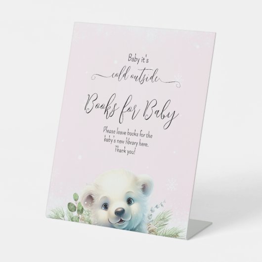 シロクマのピンクの雪の冬のベビーシャワー 台座サイン (正面)