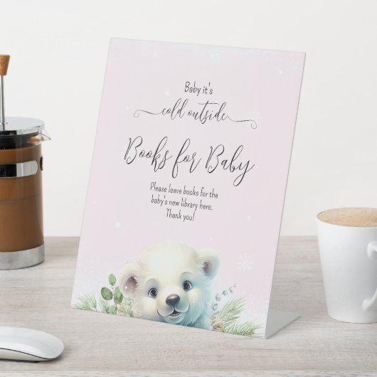 シロクマのピンクの雪の冬のベビーシャワー 台座サイン (インサイチュ)