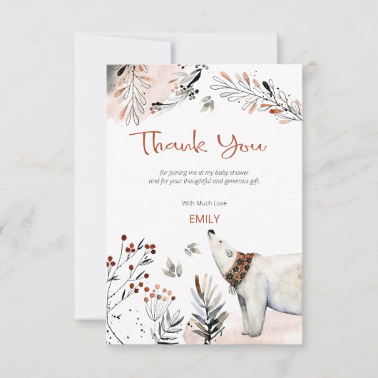 シロクマの葉の燃えたオレンジ色の赤ちゃんシャワー サンキューカード (正面)