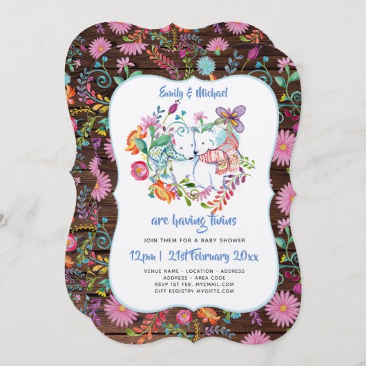 シロクマ双子ベビーシャワー招待状フォーク花 招待状 (正面/裏面)