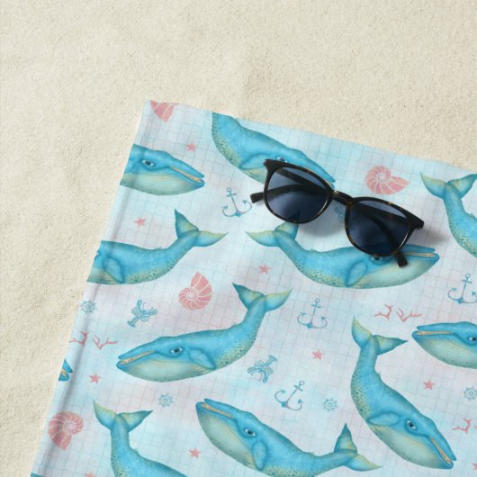 シロナガスクジラの航海のなビーチハウスのパーソナライズな海 ビーチタオル (インサイチュ)