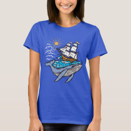 シロナガスクジラ帆船波ナウティカルテーマ Tシャツ