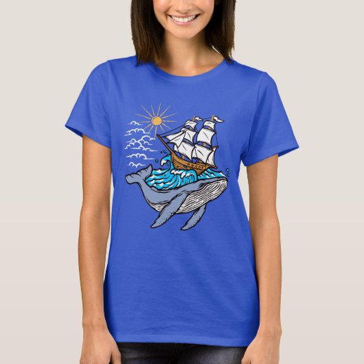 シロナガスクジラ帆船波ナウティカルテーマ Tシャツ (正面)