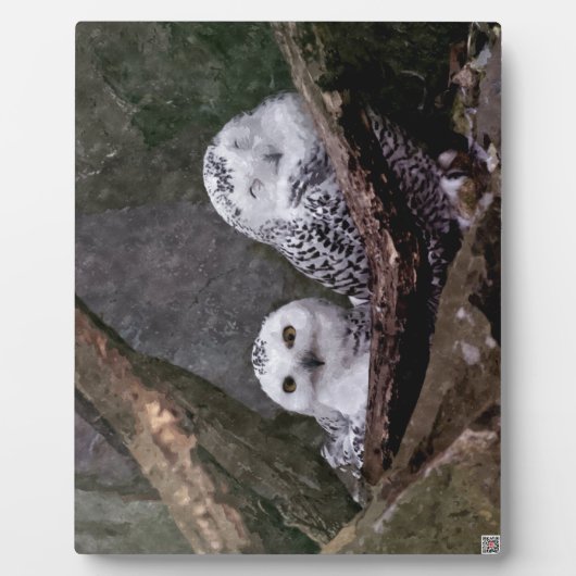 シロフクロウのペア 森の野生動物アート フォトプラーク (正面)