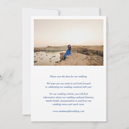 シローネイビーブルーモダンエレガントな結婚式 セーブザデート (裏面)