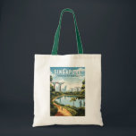 シンガポールガーデンズバイザベイトラベルアートヴィンテージ トートバッグ<br><div class="desc">シンガポールのレトロベクトル旅行デザイン。マリーナベイは高級超高層ビル、高級ホテル、高級モールのエリア。そびえ立つシンガポールフライヤー観覧車や、湾岸の花の温室やカラフルのスーパーツリーで知られている。</div>