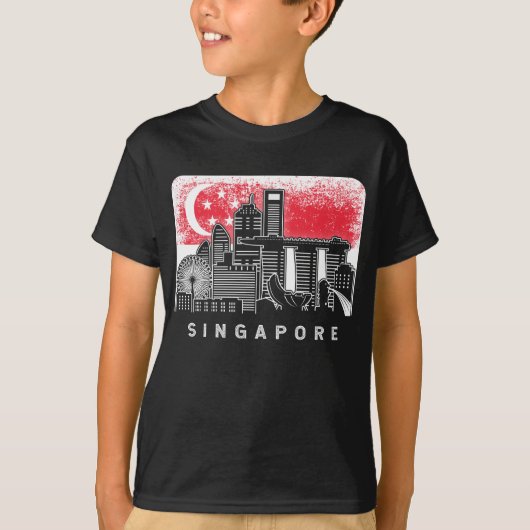 シンガポールスカイラインヴィンテージシンガポール国旗 Tシャツ (正面)