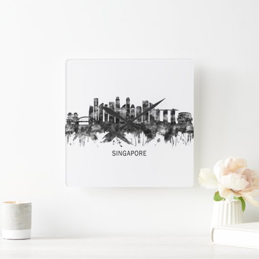 シンガポールスカイラインBW スクエア壁時計 (ホーム)