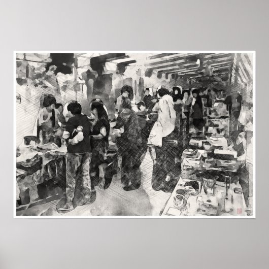 シンガポールフリーマーケット – ペンアンドウォッシュスケッチプリント ポスター (正面)