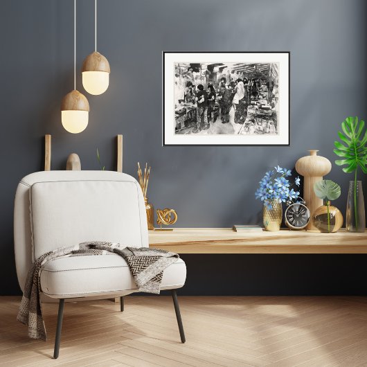 シンガポールフリーマーケット – ペンアンドウォッシュスケッチプリント ポスター