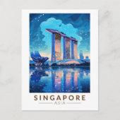 シンガポールマリーナベイナイトトラベルアートヴィンテージ ポストカード (正面)
