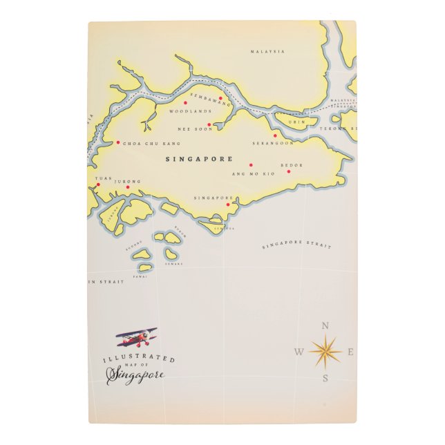 シンガポール図解入りの、写真付きのの地図 メタルプリント (正面)