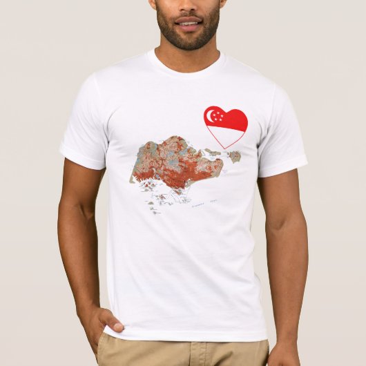 シンガポール国旗のハートと地図Tシャツ Tシャツ (正面)