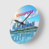 シンガポール市街地のレトロなスカイライン ラウンド壁時計 (傾斜)