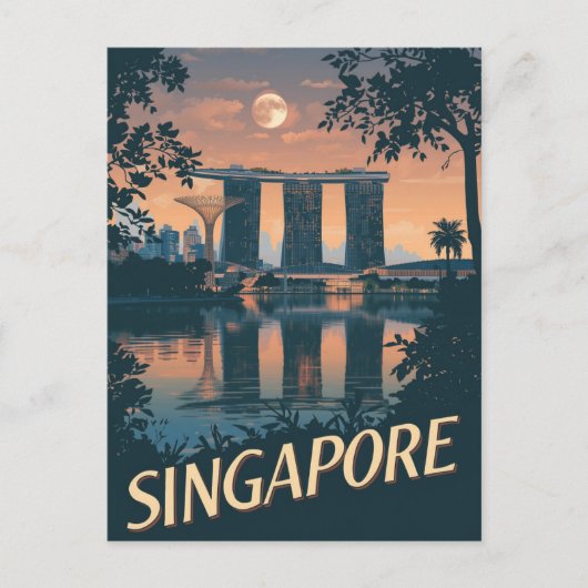 シンガポール旅行ポスター スカイライン 月 ヴィンテージ ポストカード (正面)