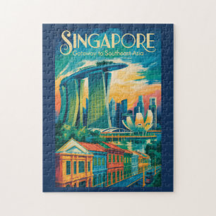 シンガポール スカイライン イラスト 旅行 アート ヴィンテージ ジグソーパズル