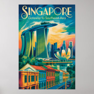 シンガポール スカイライン イラスト 旅行 アート ヴィンテージ ポスター