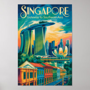 シンガポール スカイライン イラスト 旅行 アート ヴィンテージ ポスター