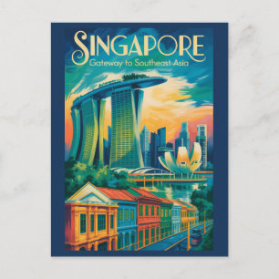シンガポール スカイライン イラスト 旅行 アート ヴィンテージ ポストカード