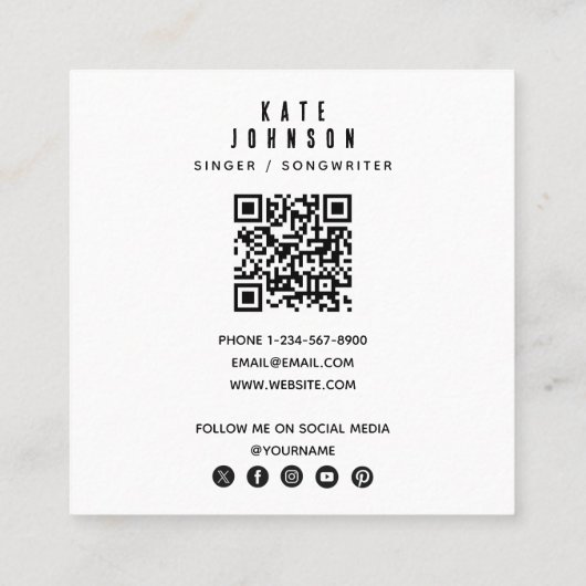 シンガーシンプルミュージシャンフォトソーシャルメディアQRコード スクエア名刺 (裏面)