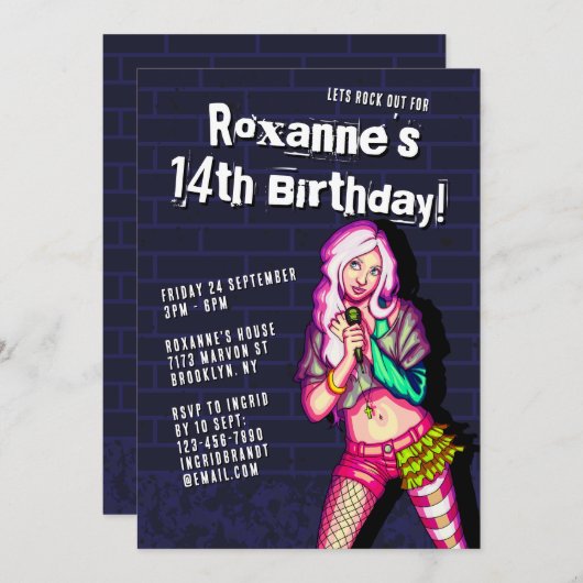 シンガーポップ・アートのマンガ10代のー女子14誕生日 招待状 (正面/裏面)