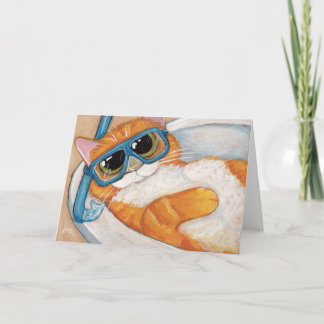 シンクにシュノーケルを入れたジンジャータブビー猫 – Cat Art カード
