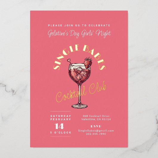 シングル女子のガレンタインズデーパーティー ピンクカクテル 箔招待状 (正面)