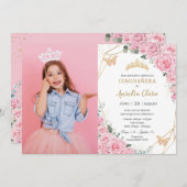 シンコアニエラピンクローズフローラ蝶の写真 招待状 (正面/裏面)