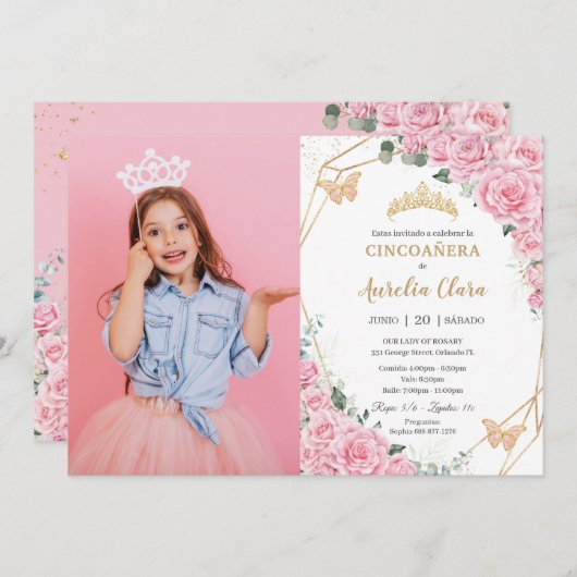 シンコアニエラピンクローズフローラ蝶の写真 招待状 (正面/裏面)