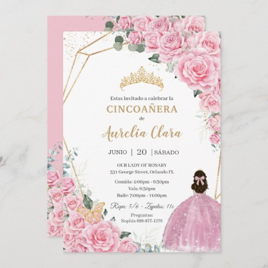 シンコアニエラピンクローゼスフローラ金ゴールドプリンセスクラウン 招待状 (正面/裏面)