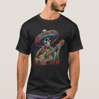 シンコデマヨスケルトンスカルソンブレロスギター Tシャツ