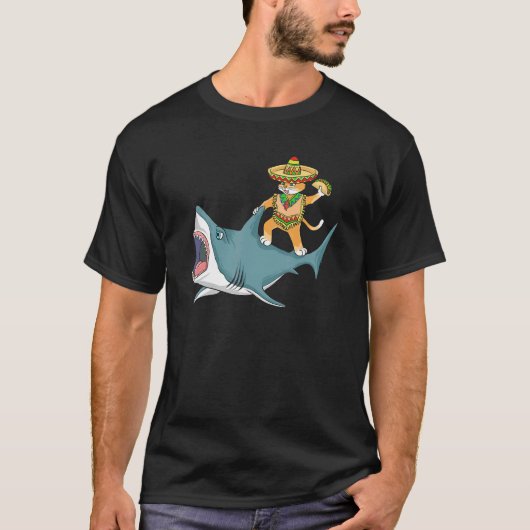 シンコ・デ・マヨにゃんこ - サメに乗るネコ Tシャツ (正面)