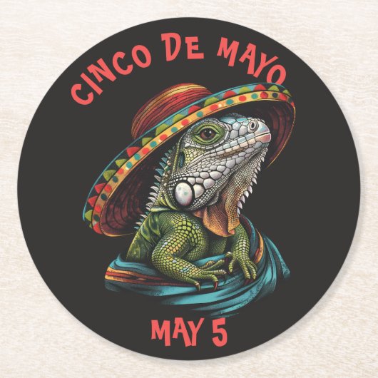 シンコ・デ・マヨイグアナ着用ソンブレロ&セラペ ラウンドペーパーコースター (正面)