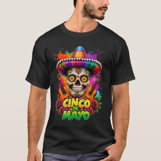 シンコ・デ・マヨ スケルトン ドクロ サンブレロ ギター メキシコ Tシャツ