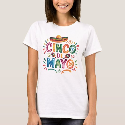 シンコ・デ・マヨ フィエスタ 水彩ソンブレロ マラカス Tシャツ (正面)