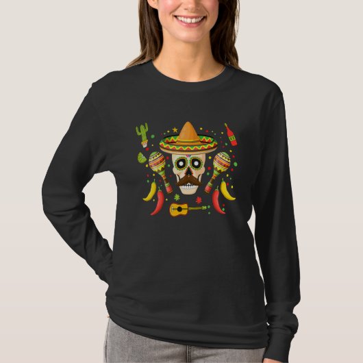 シンコ・デ・マヨ メキシコ ドクロ ヒゲ サボテン 花 Tシャツ (正面)