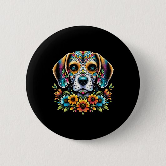 シンコ・デ・マヨ 砂糖のドクロ 花 ビーグル犬 缶バッジ (正面)