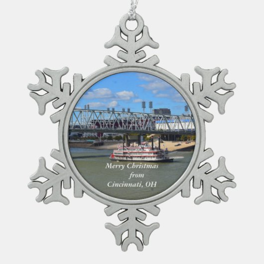 シンシナティからメリークリスマスOHオーナメント スノーフレークピューターオーナメント (正面)