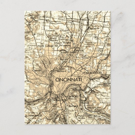 シンシナティオハイオヴィンテージの地図 ポストカード (正面)