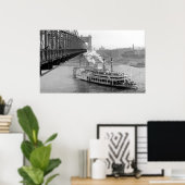 シンシナティ吊り橋と蒸気船1906 BW ポスター (ホームオフィス)